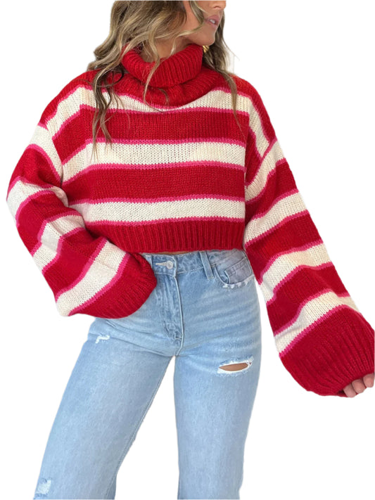 TEEK - Deep Red Striped Turtleneck Long Sleeve Cropped Sweater TOPS TEEK Trend S