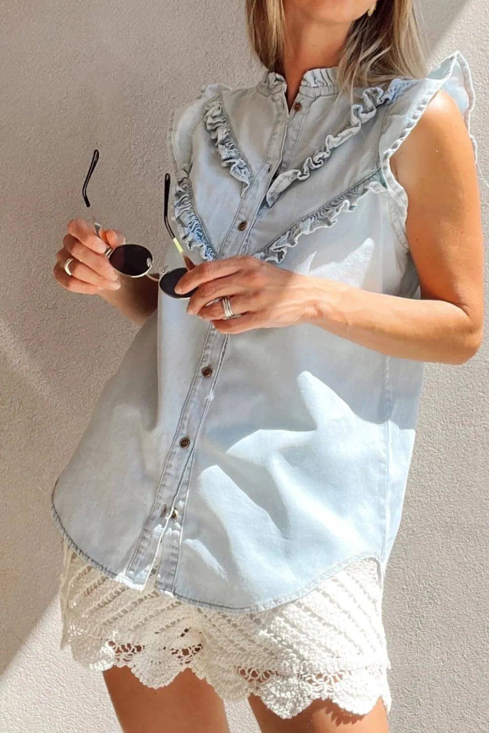 TEEK - Light Blue Frill Buttoned Ruffled Cap Sleeve Denim Top TOPS TEEK Trend