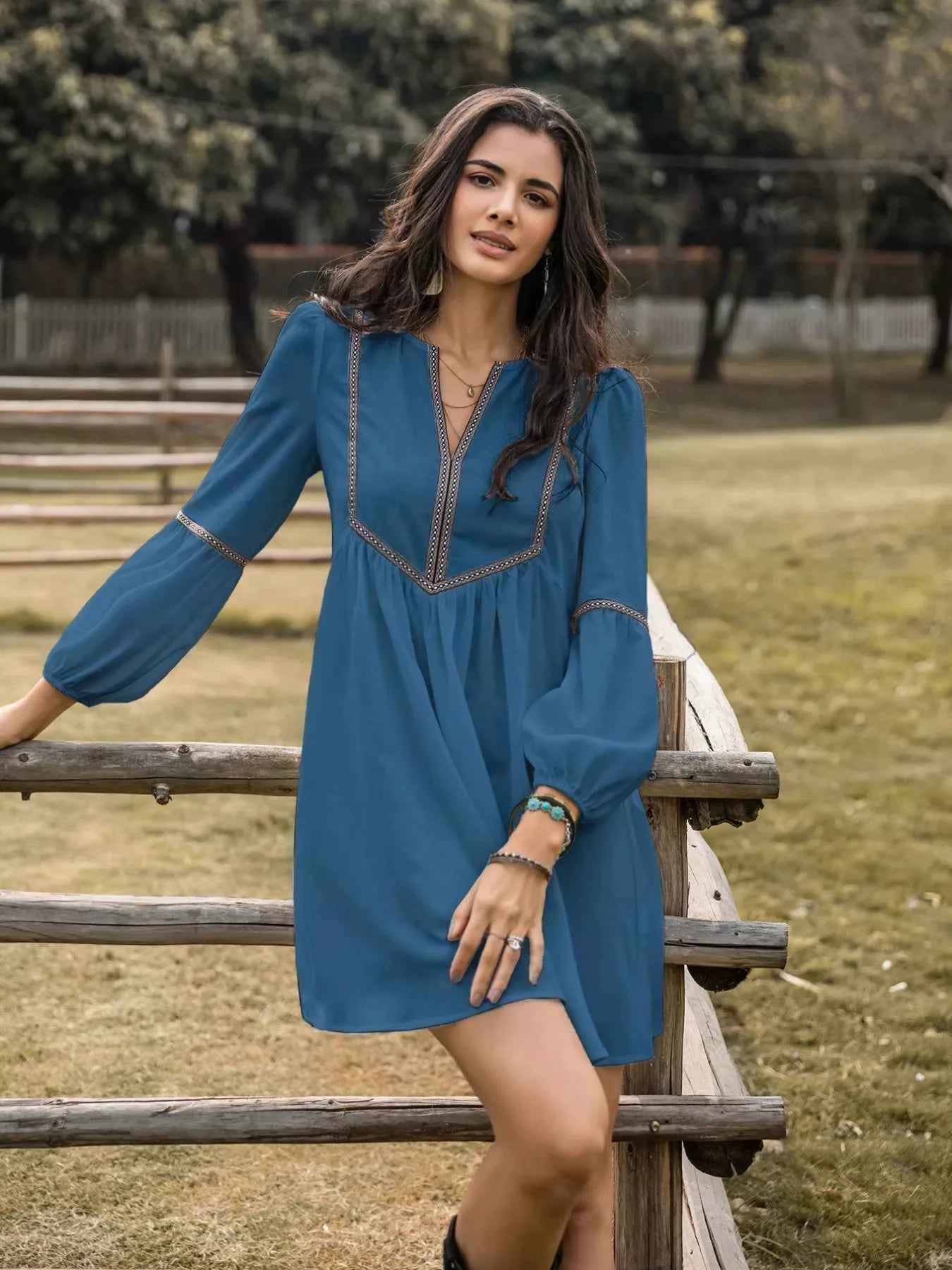 Notched Balloon Sleeve Mini Dress Trendsi