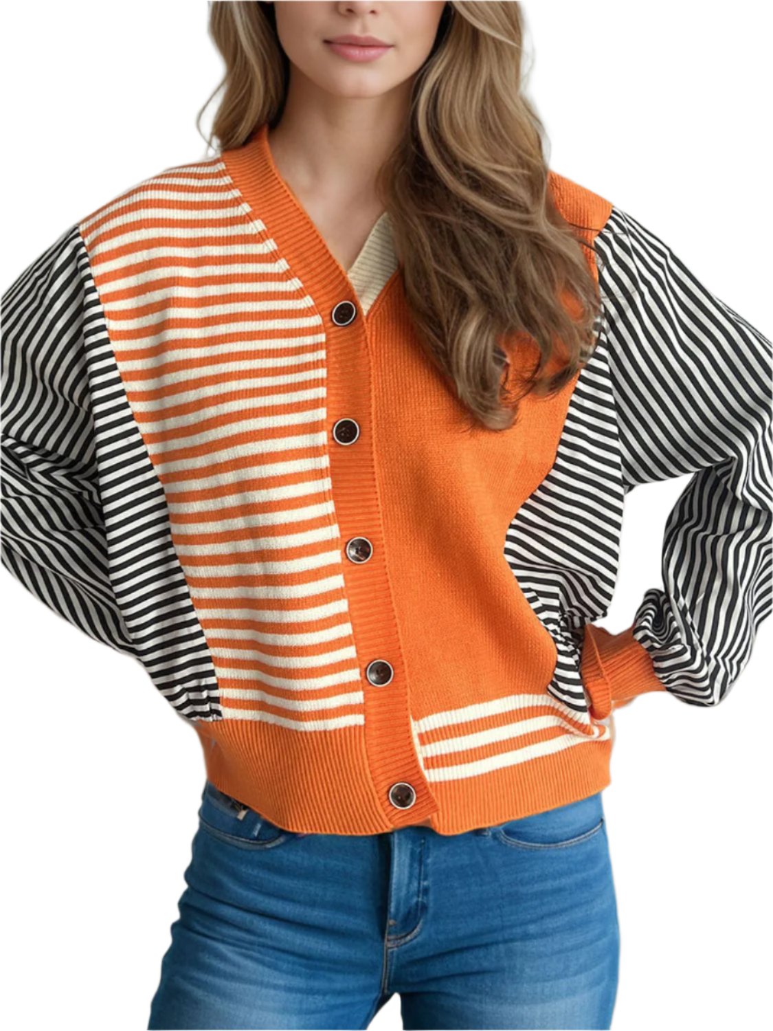 Striped Button Down Long Sleeve Cardigan TEEK Trend Orange One Size