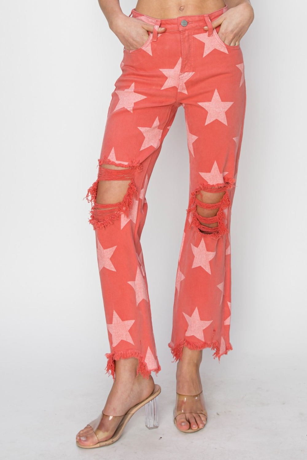 TEEK - Peach Blossom Distressed Raw Hem Star Pattern Jeans JEANS TEEK Trend   