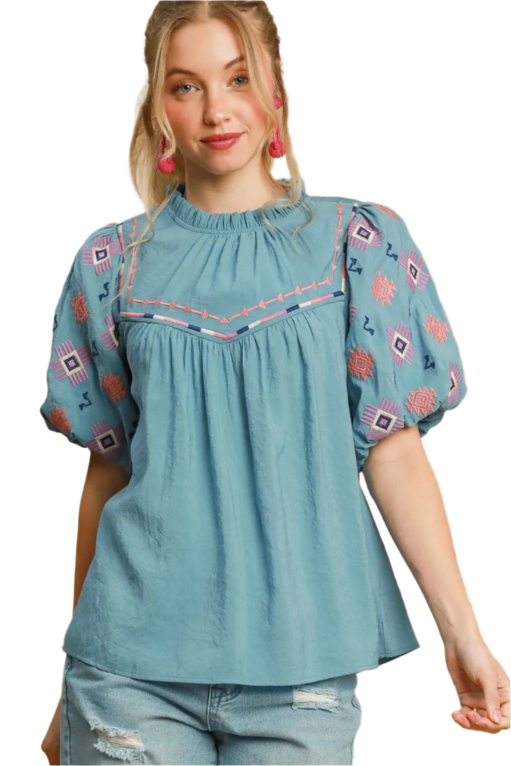 TEEK - Teal Embroidered Puff Sleeve Mock Neck Top TOPS TEEK Trend S