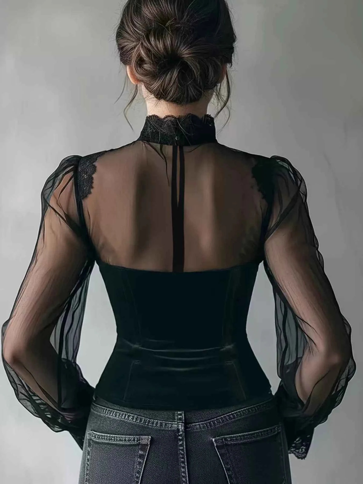 TEEK - Lace Trim Velvet Sheer Sleeve Blouse TOPS TEEK Trend