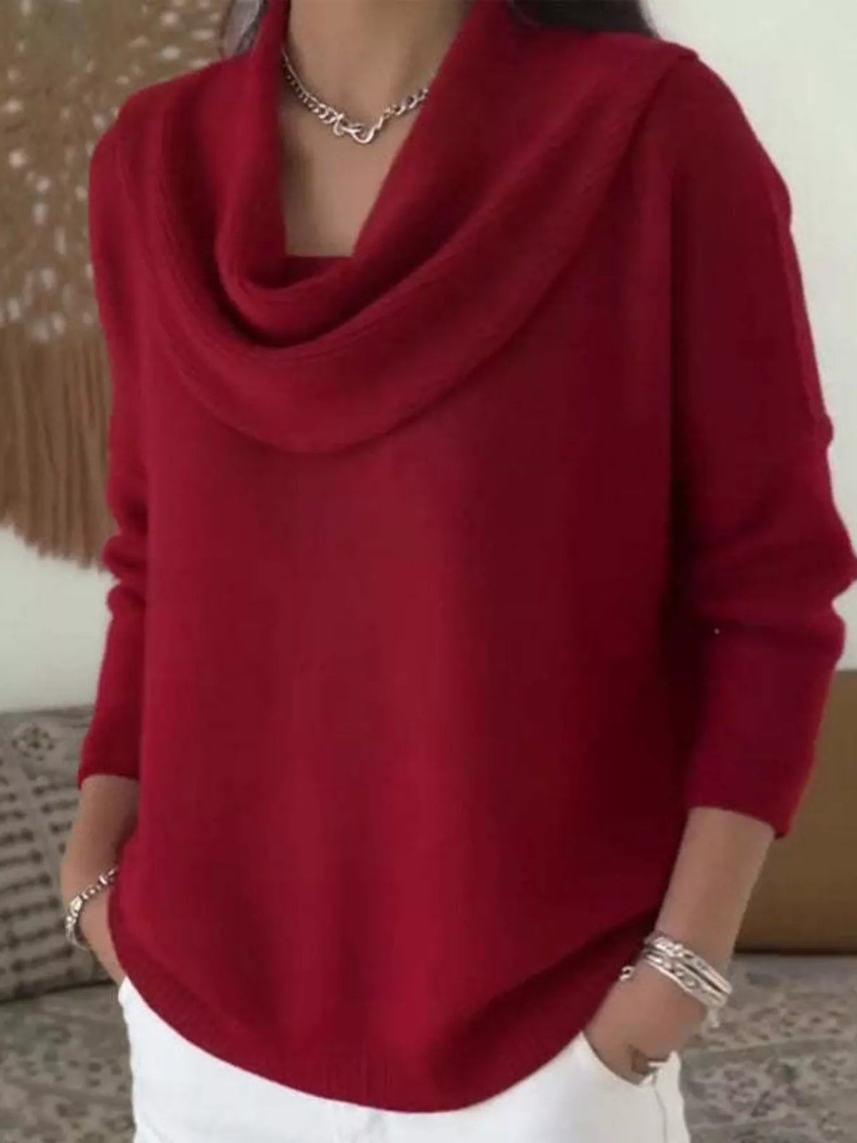 Drape Neck Long Sleeve Knit Top Trendsi Red S