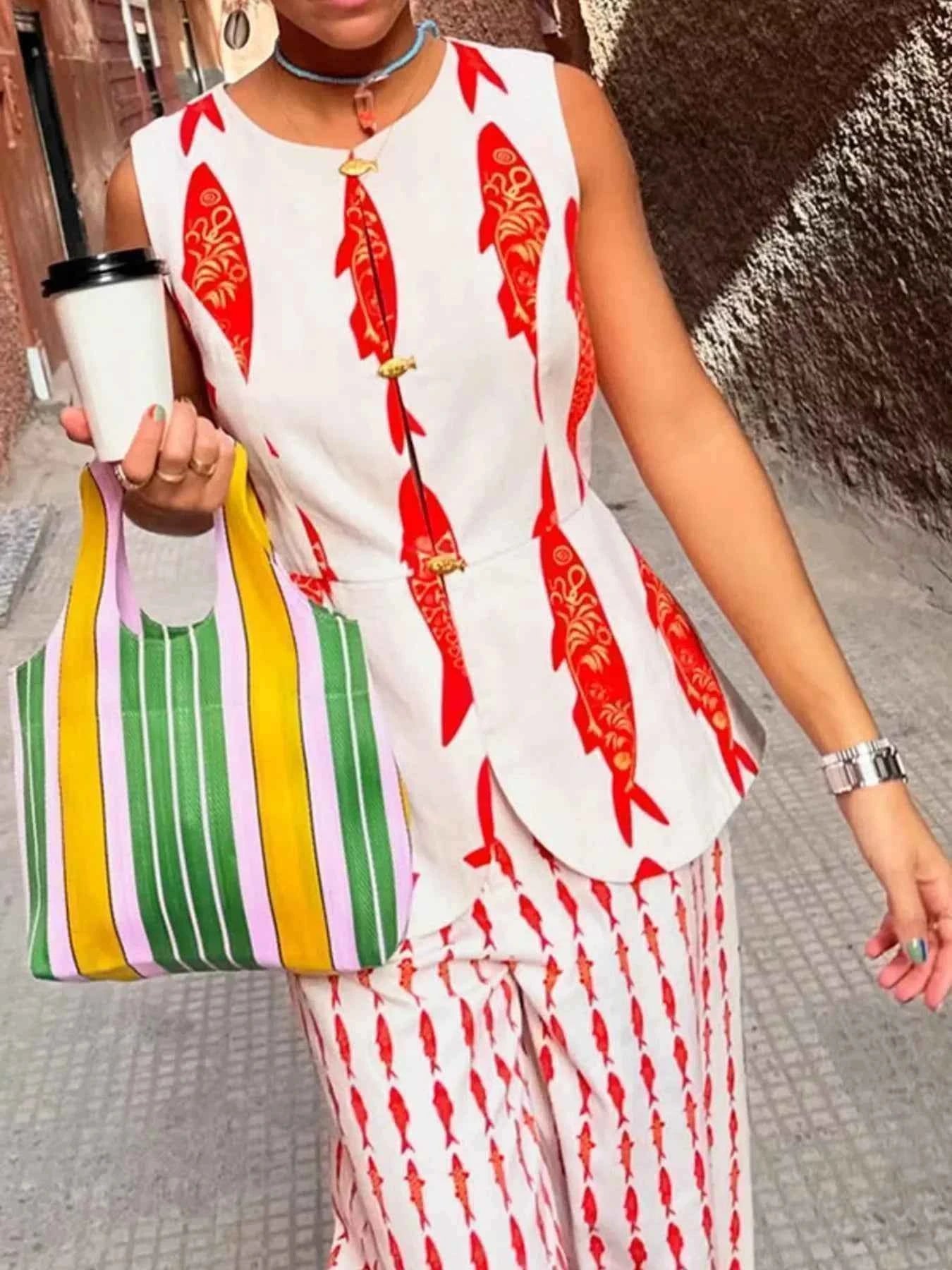 TEEK - Fish Print Sleeveless Top and Pants Set SET TEEK Trend