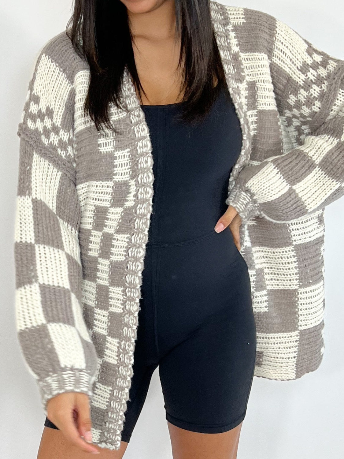 Checkered Open Front Long Sleeve Cardigan TEEK Trend