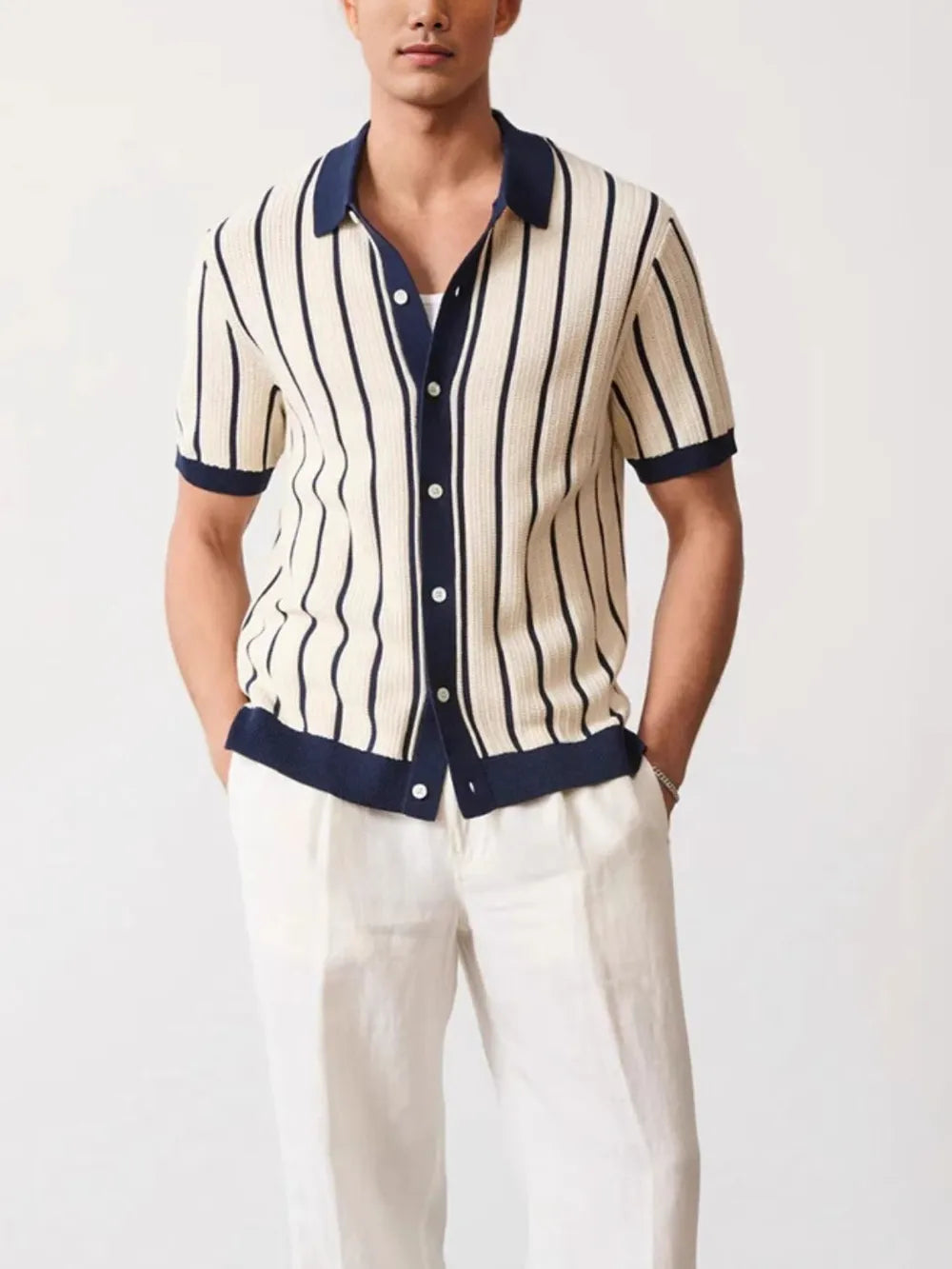 TEEK - Mens Navy Striped Button Down Short Sleeve Shirt TOPS TEEK Trend