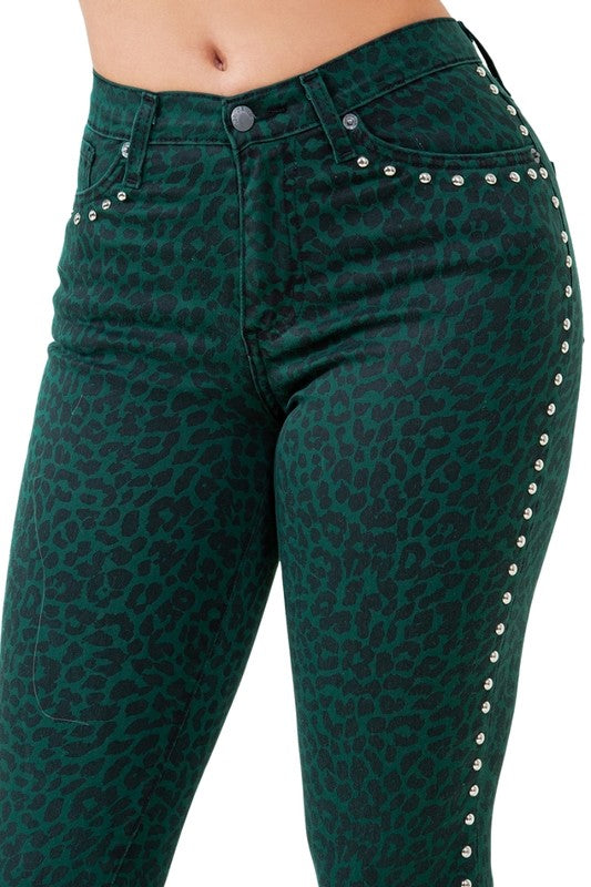 TEEK - Green Leopard Studded Bell Bottom Jeans JEANS TEEK FG