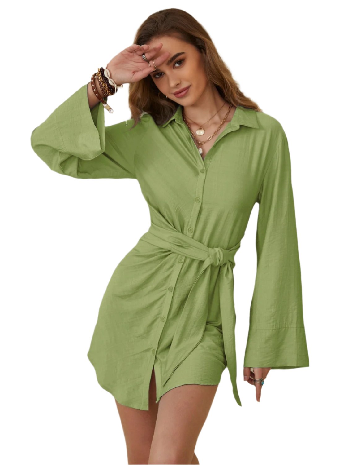 TEEK - Matcha Green Collared Neck Long Sleeve Mini Shirt Dress DRESS TEEK Trend XS  