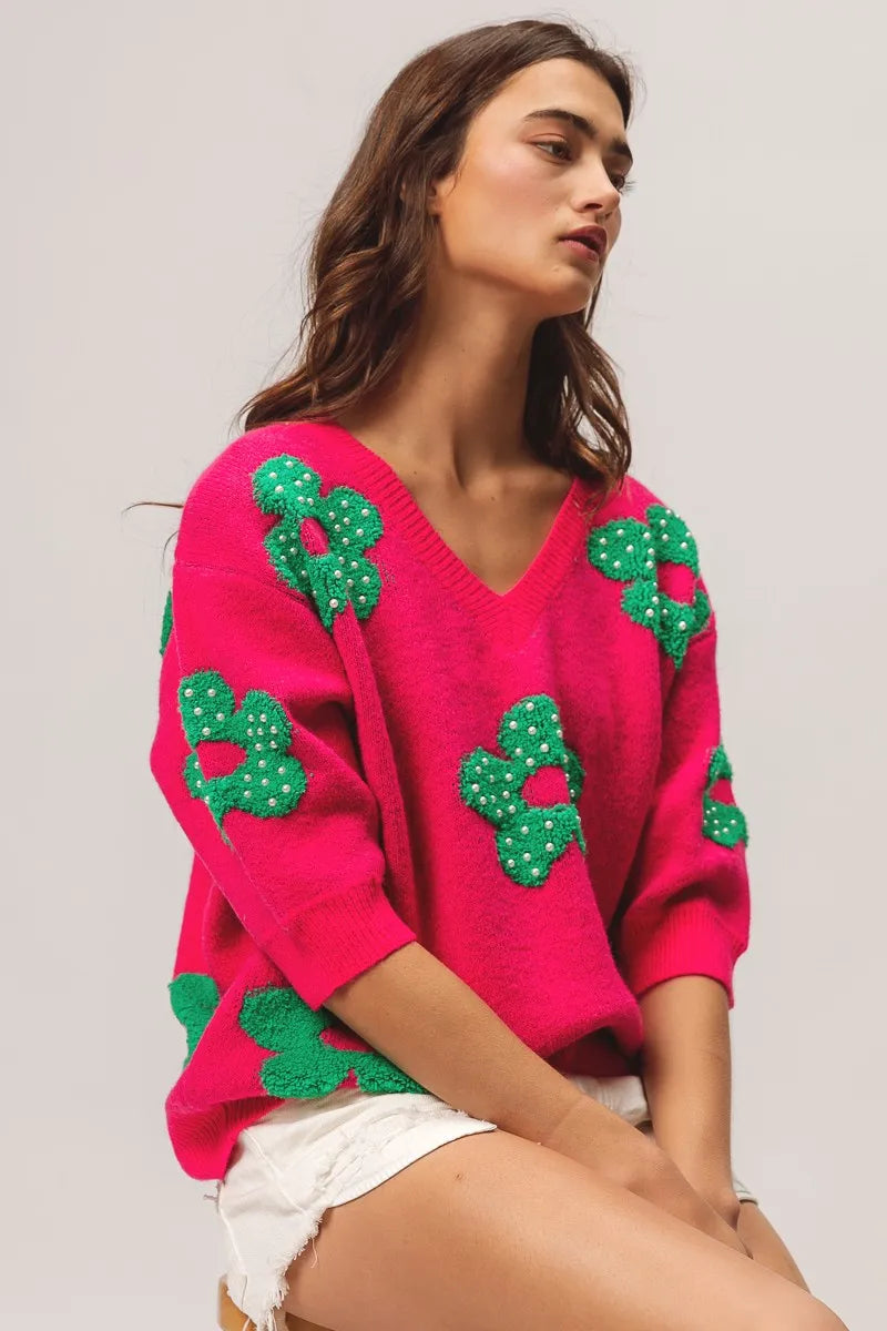 TEEK - Fuchsia Jade Pearl Beads Flowers Sweater Top TOPS TEEK Trend