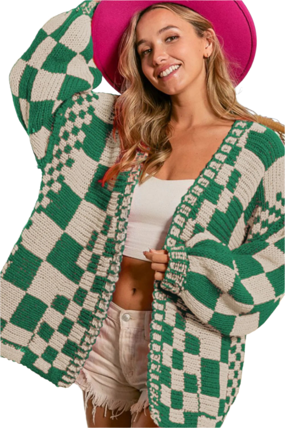 TEEK - Checkered Open Front Long Sleeve Cardigan SWEATER TEEK Trend