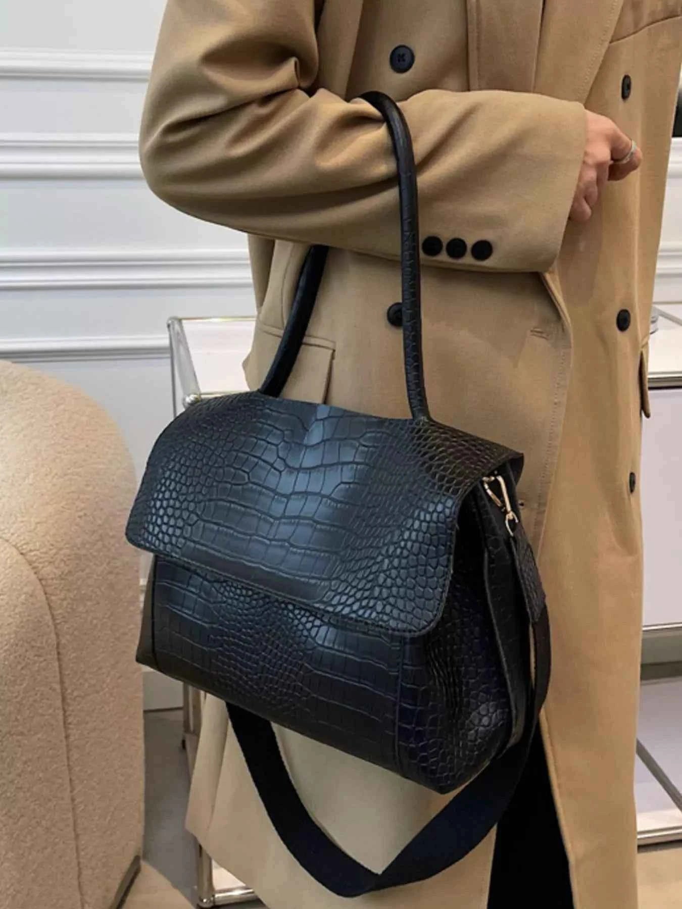 Crocodile Embossed Flap Shoulder Bag Trendsi