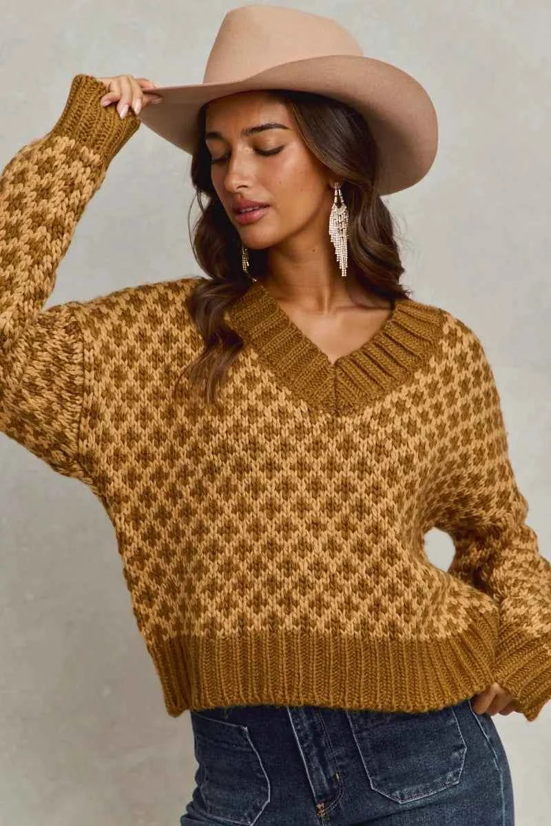 TEEK - Color Block Textured Sweater V-Neck Top TOPS TEEK Trend