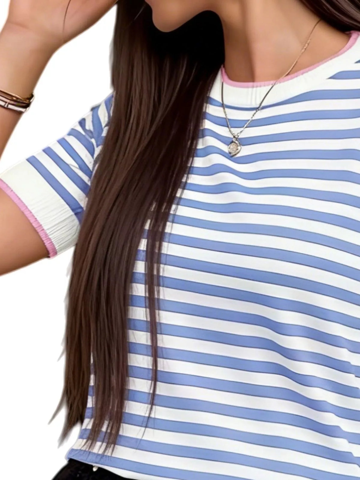 Contrast Trim Striped Short Sleeve Knit Top Trendsi
