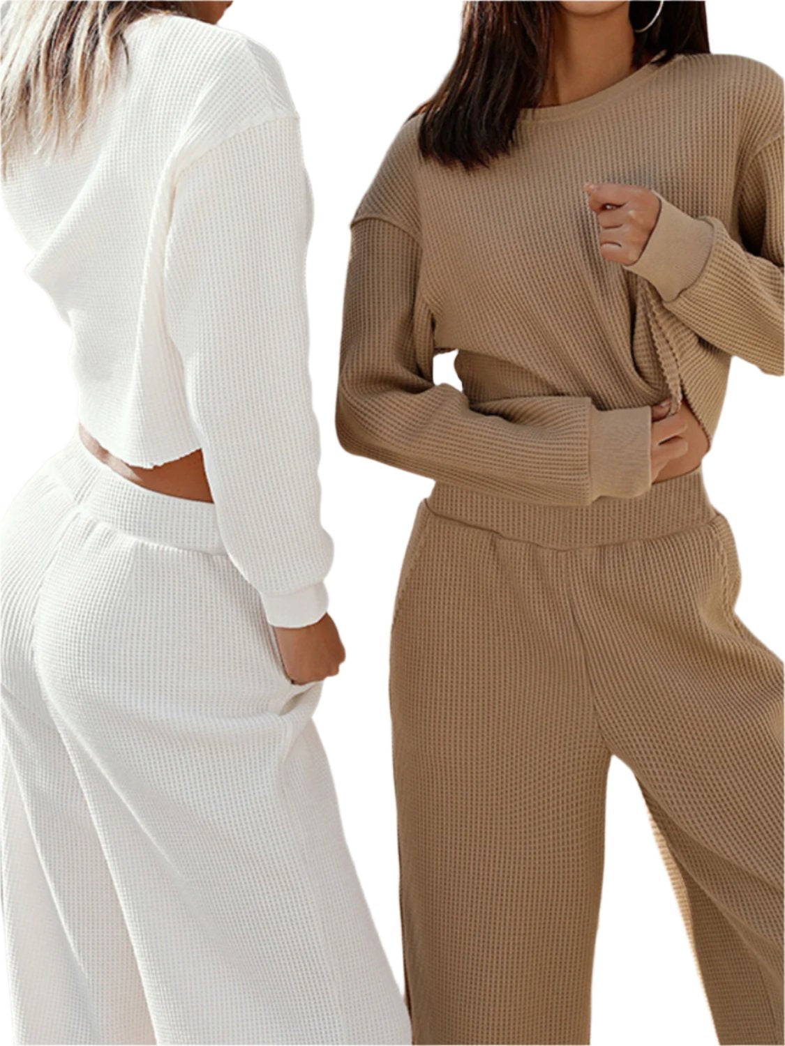 TEEK - Waffle-Knit Round Neck Top and Pants Set SET TEEK Trend   