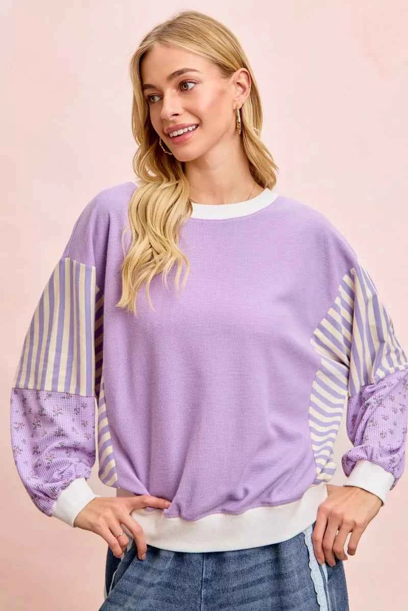 TEEK - Mix and Match Sweatshirt with Floral Sleeve Striped TOPS TEEK Trend
