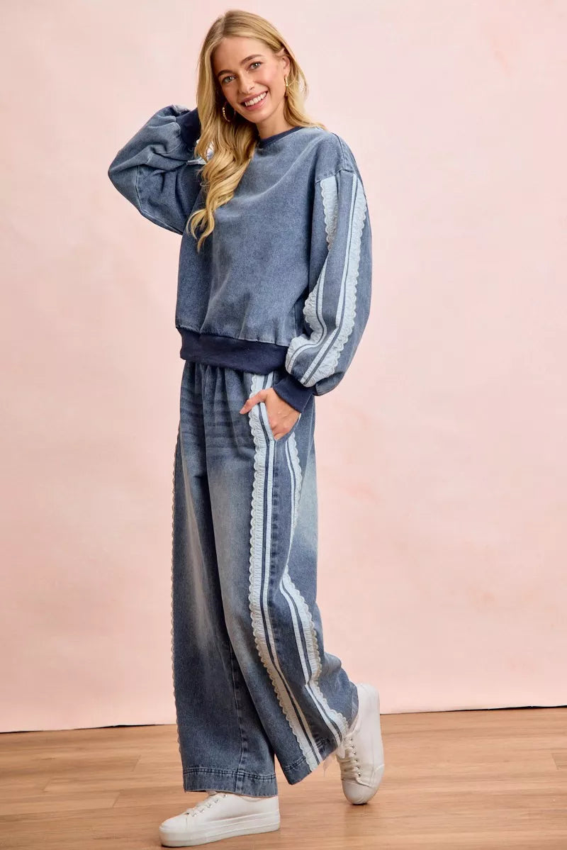 BiBi Washed Denim Lace Contrast Sided Sweatshirt Trendsi