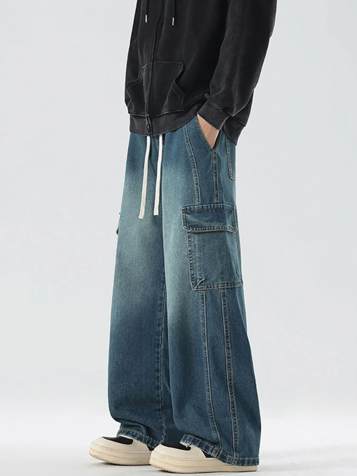Men's Full Size Wash Wide Leg Cargo Jeans Plus Size Trendsi
