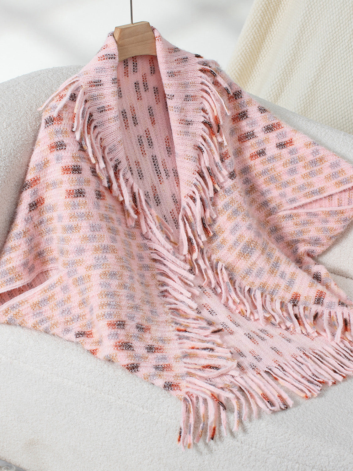 Fringe Open Front Half Sleeve Poncho Trendsi Blush Pink One Size