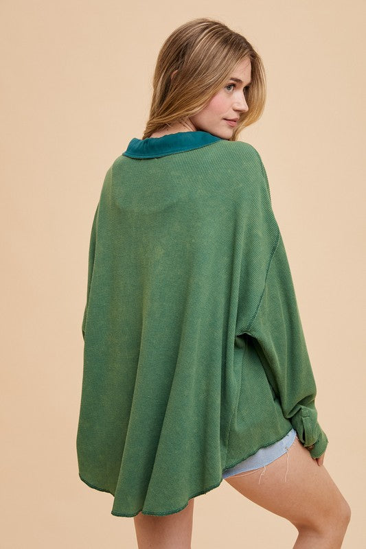 TEEK - Dark Green Waffle-Knit Mineral Washed Button Down Shirt TOPS TEEK Trend
