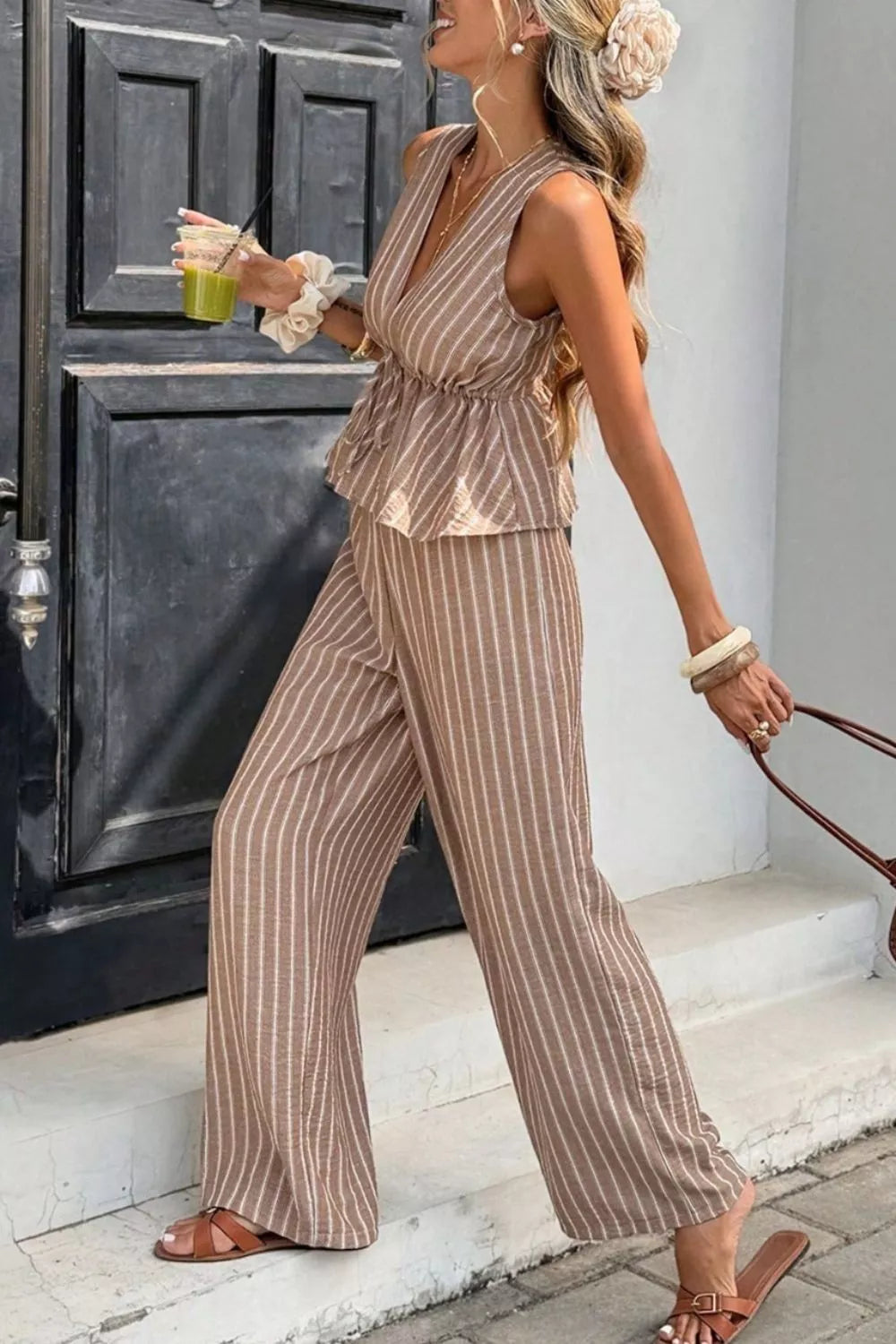 Striped Sleeveless Top and Wide Leg Pants Set Trendsi