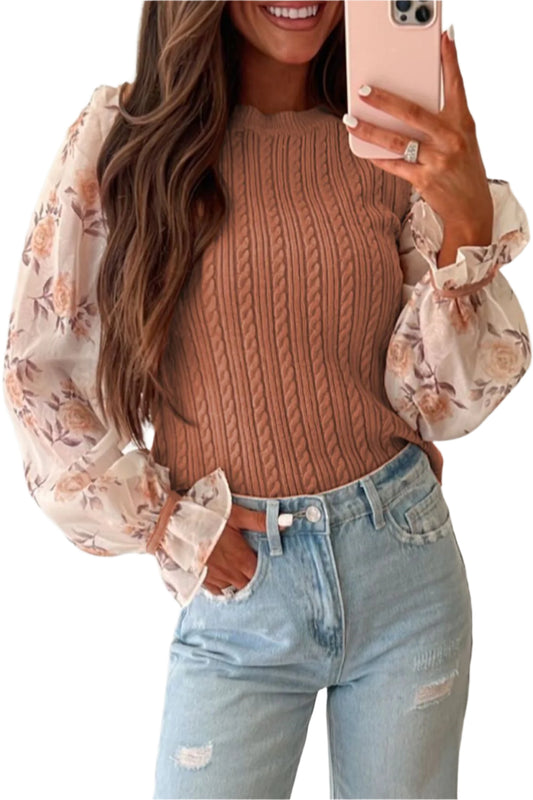 TEEK - Camel Cable Knit Floral Flounce Sleeve Sweater TOPS TEEK Trend S