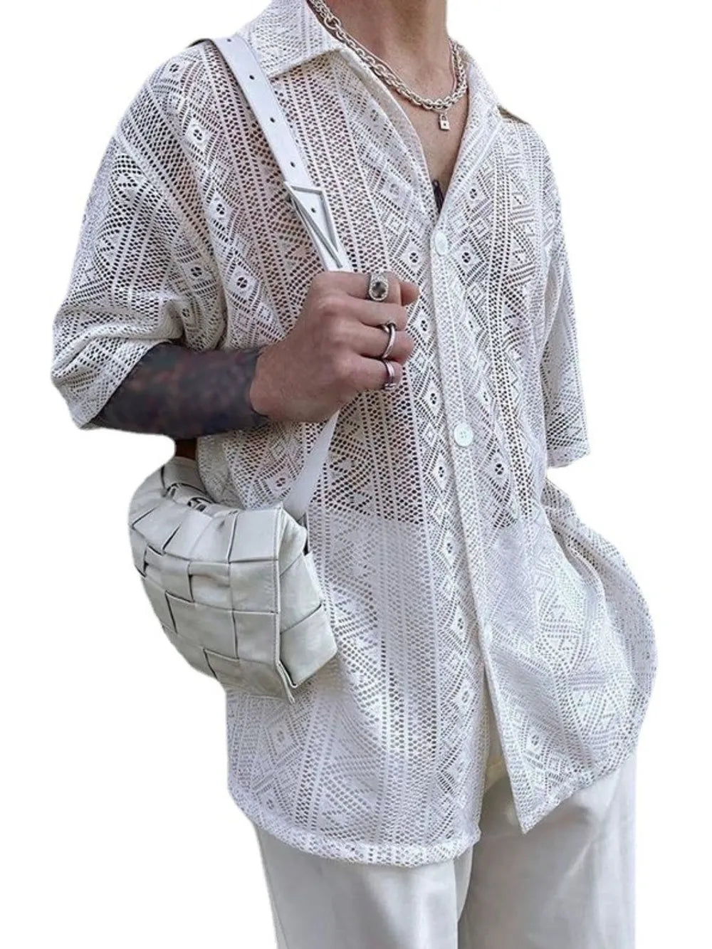 TEEK - Mens Mesh Llace Half Sleeve Button Down Shirt | Plus Sizes TOPS TEEK Trend