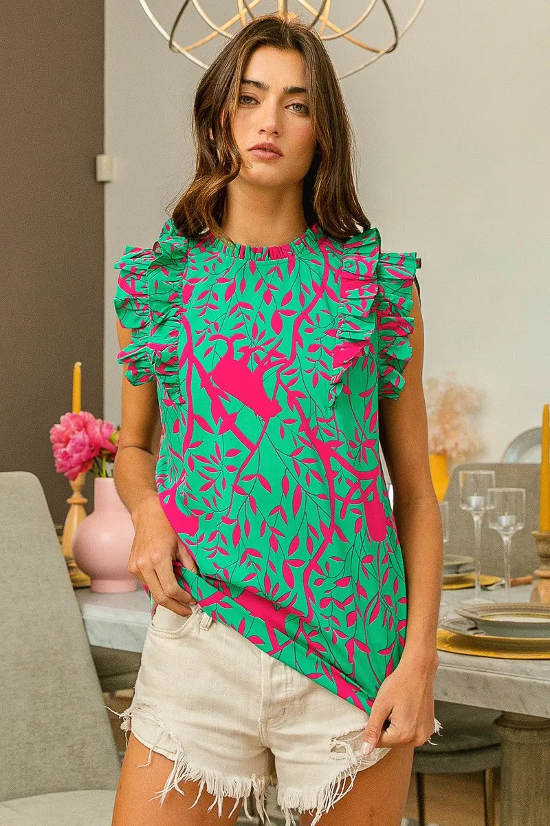 TEEK - Made Fuchsia Leopard Leaves Print Woven Top TOPS TEEK Trend