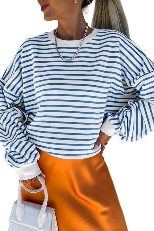 Striped Round Neck Long Sleeve Sweatshirt TEEK Trend Cerulean S