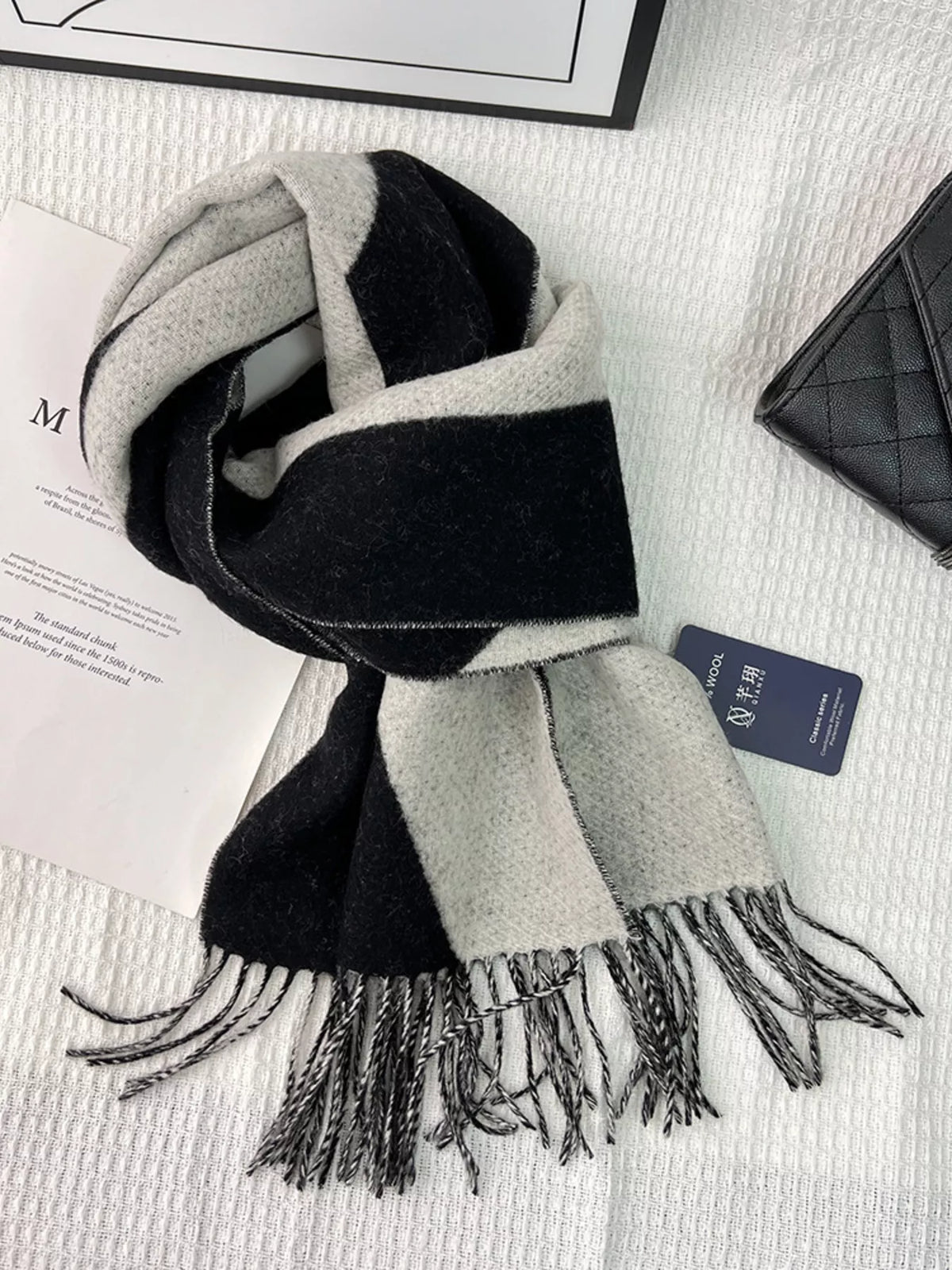 TEEK - Fringe Color Block Scarf SCARF TEEK Trend Black Beige One Size