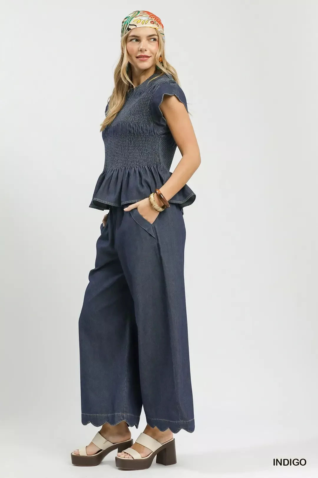 Umgee Smocked Peplum Top with Scalloped Ruffle Cap Sleeves Trendsi