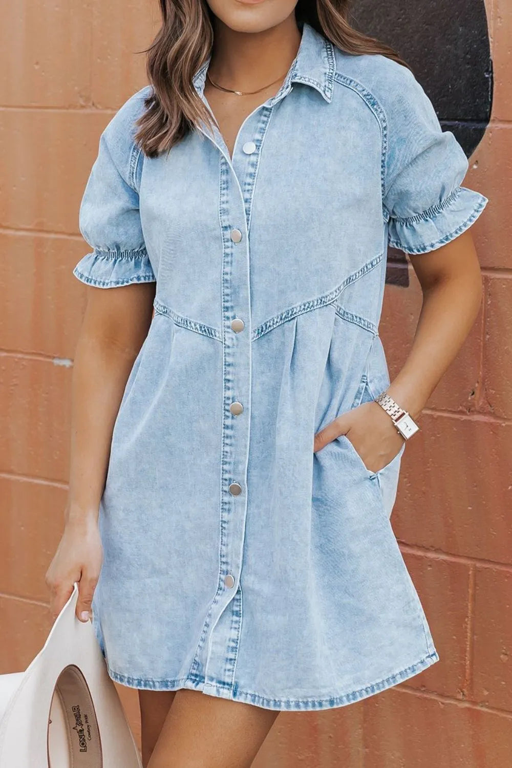 TEEK - Light Mineral Wash Ruffle Sleeve Denim Dress DRESS TEEK Trend