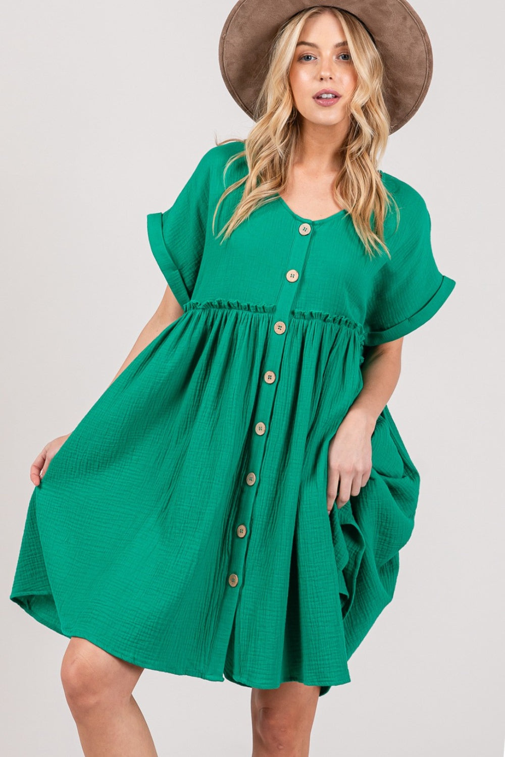 TEEK - Kelly Green Button Up Short Sleeve Dress DRESS TEEK Trend S  