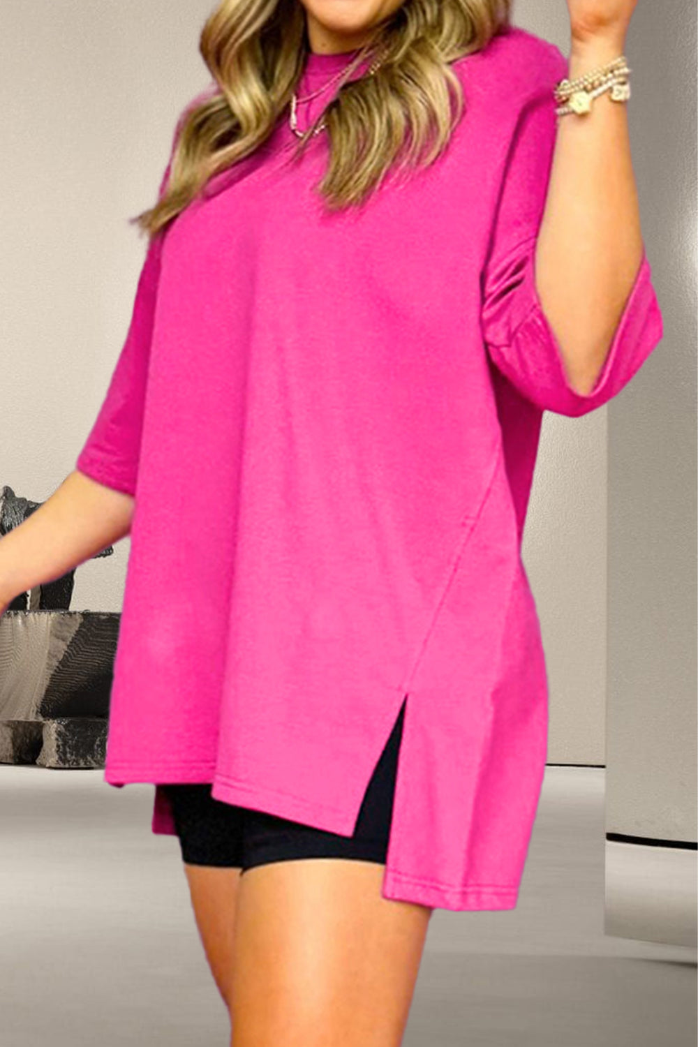 TEEK - Pink Slit Round Neck Half Sleeve T-Shirt TOPS TEEK Trend   