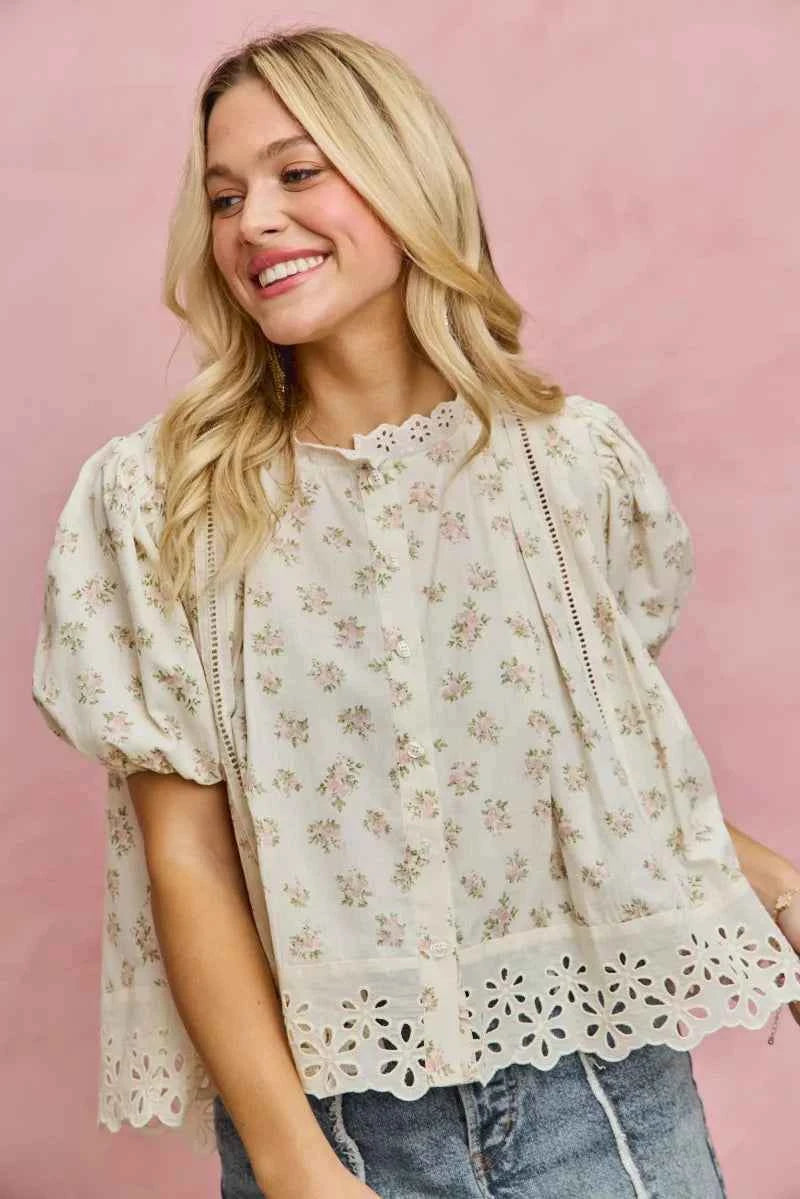 TEEK - Floral Print Lace Trim Short Sleeves Blouse TOPS TEEK Trend