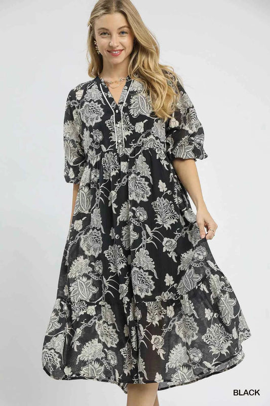 Umgee Floral Print Boho Midi Dress