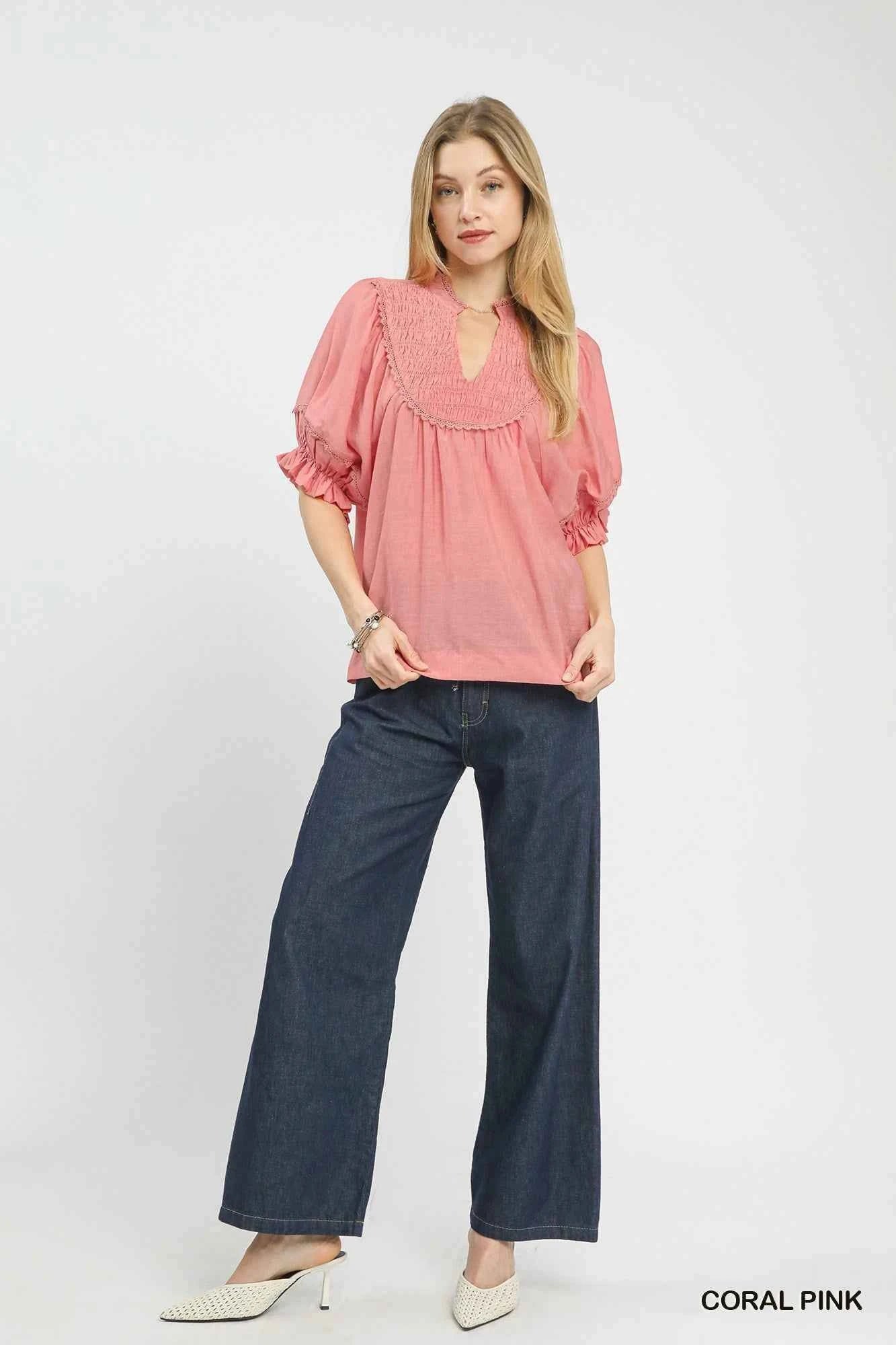 Umgee Smocked Yoke Blouse with Ruffle Sleeves Trendsi