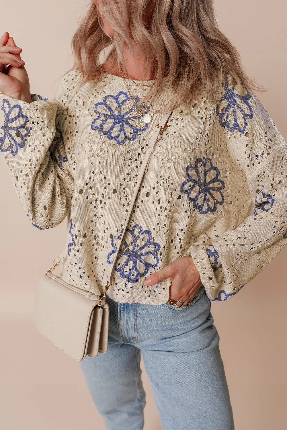 TEEK - Floral Breathable Round Neck Long Sleeve Knit Top TOPS TEEK Trend   