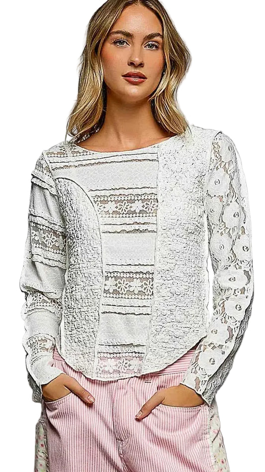 TEEK - Round Neck Long Sleeve Exposed Seam Top with Lace Detail TOPS TEEK Trend OFF WHITE S
