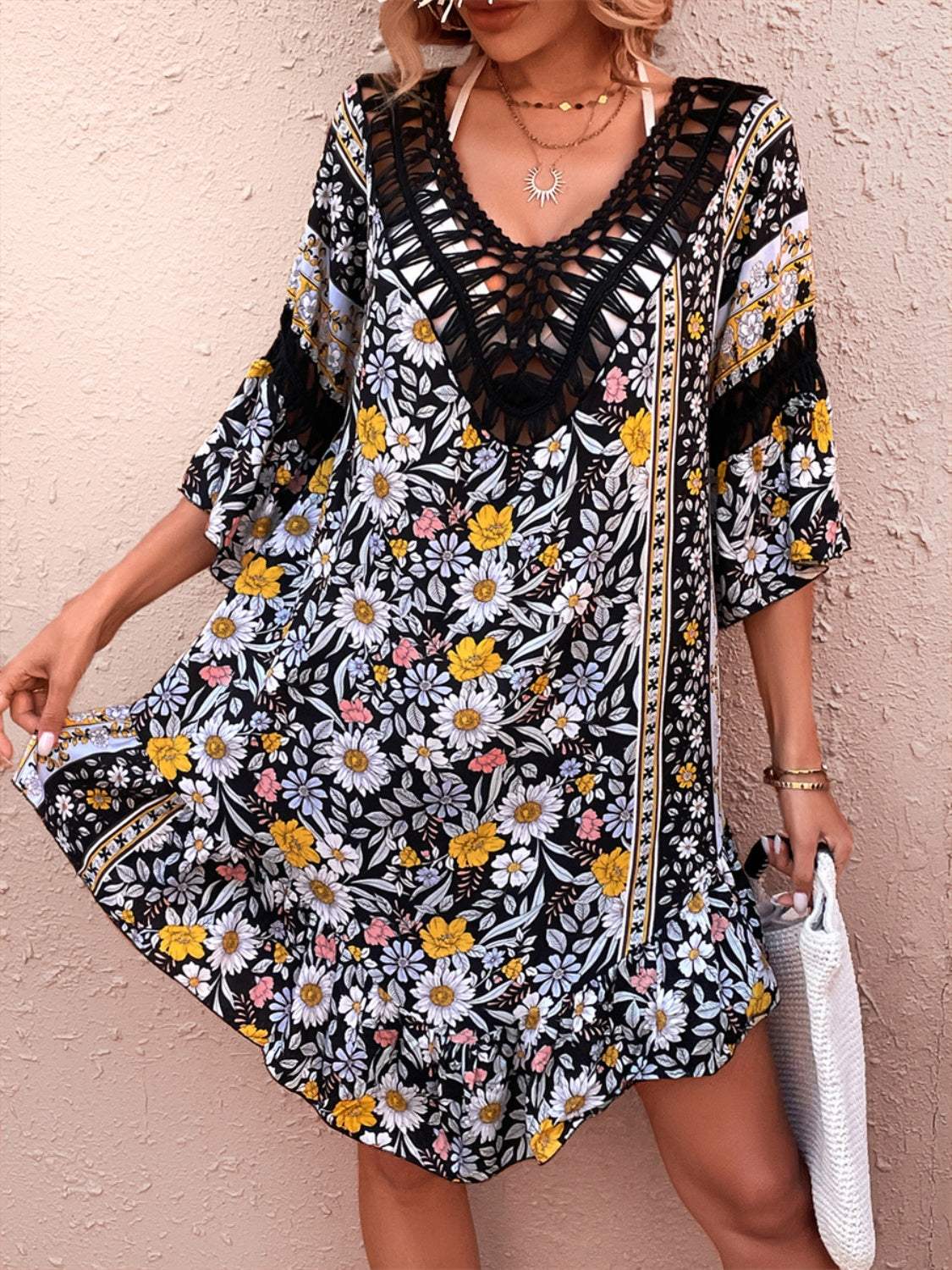 TEEK - Black Floral Backless Cutout Cover Up DRESS TEEK Trend   