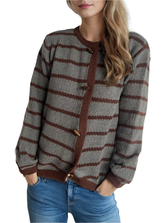 TEEK - Striped Round Neck Long Sleeve Cardigan TEEK Trend Dark Gray One Size