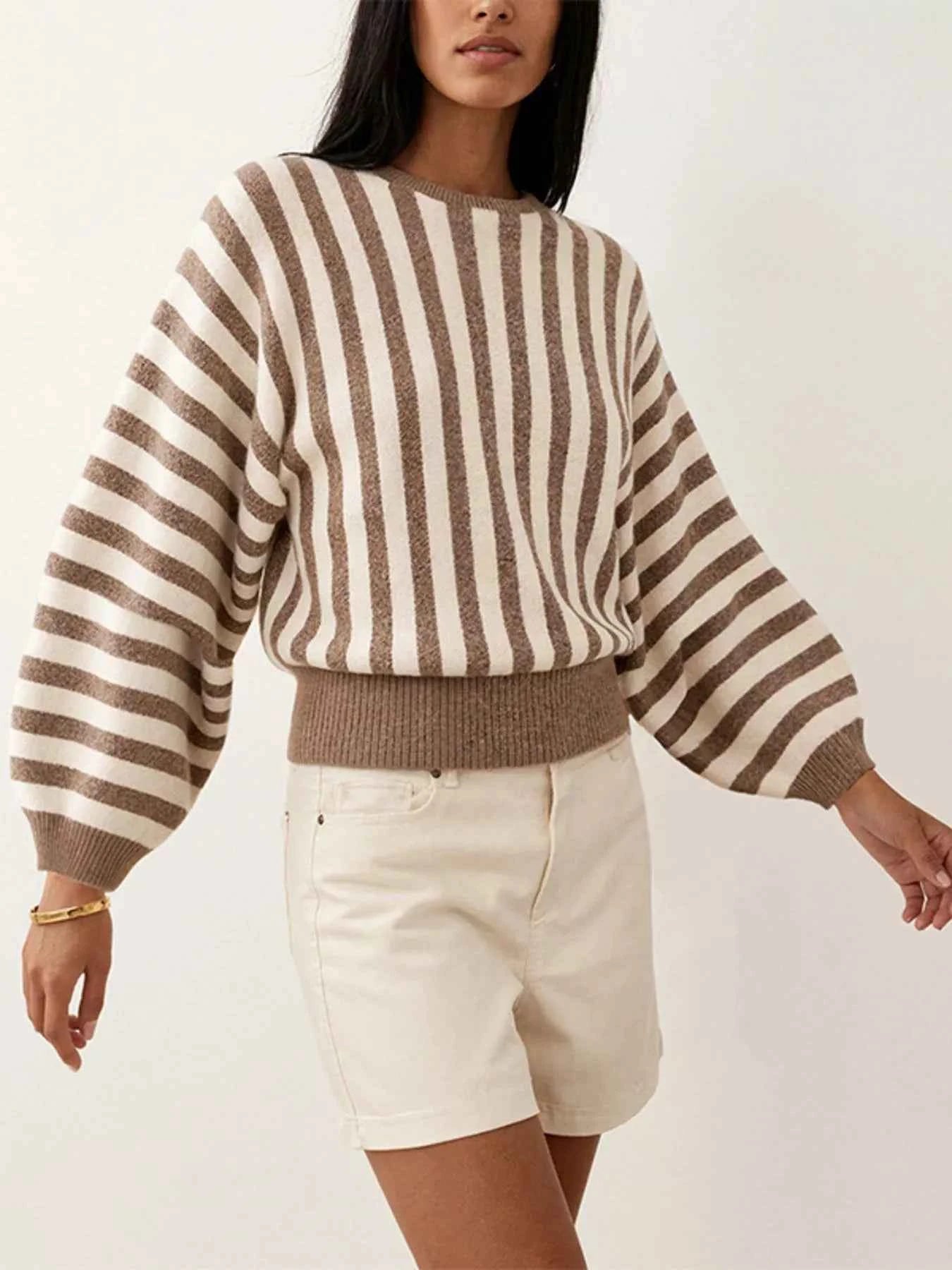 Striped Crew Neck Sweater Trendsi Khaki S
