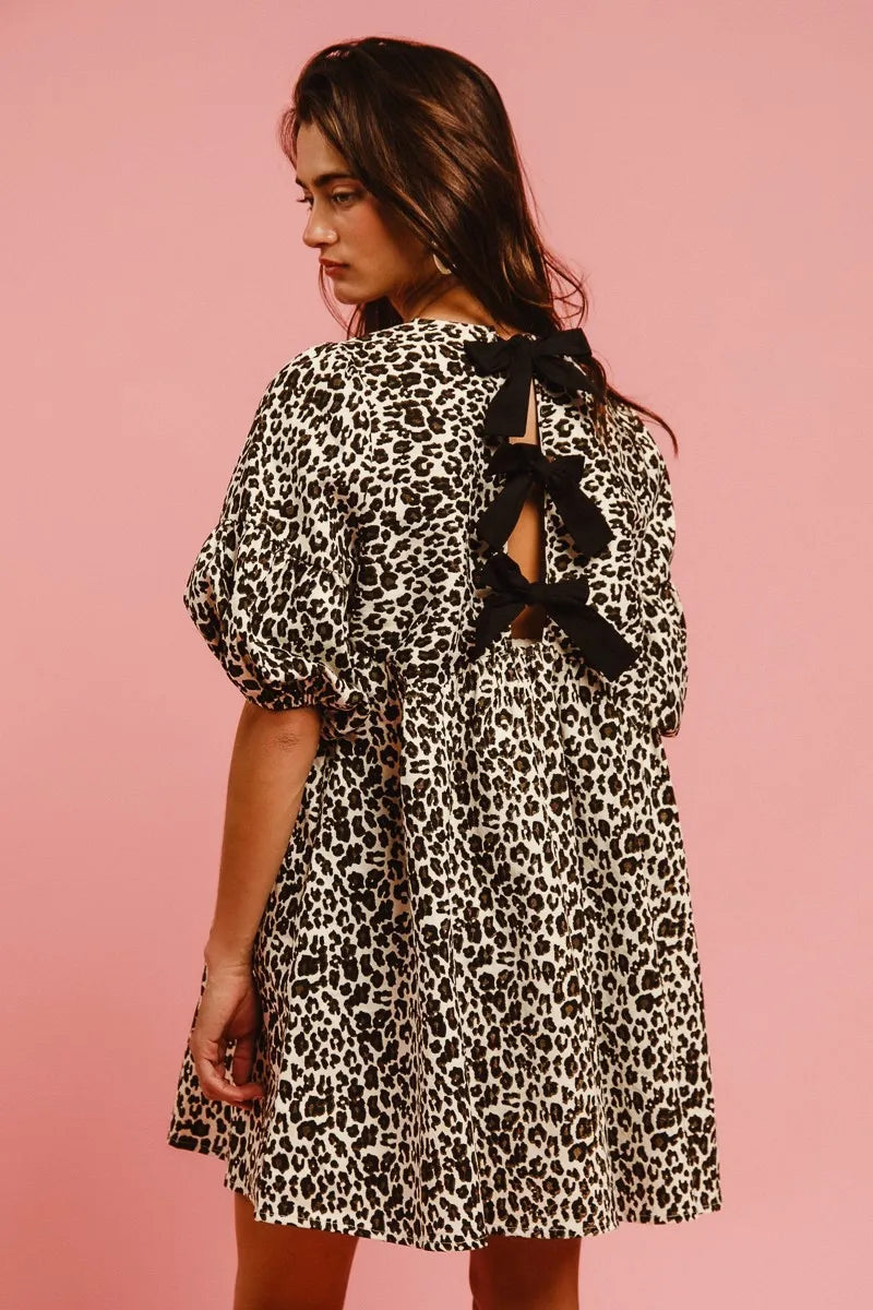 TEEK - Off White Leopard Back Contrast Tie Denim Dress DRESS TEEK Trend