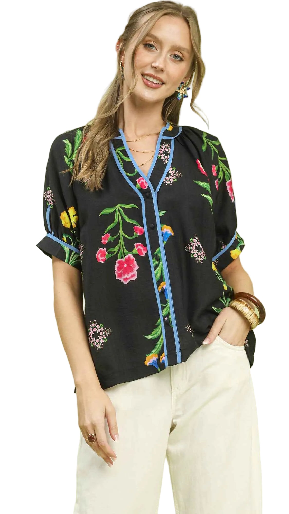 TEEK - Botanical Print Contrast Trim Button Blouse TOPS TEEK Trend BLACK S