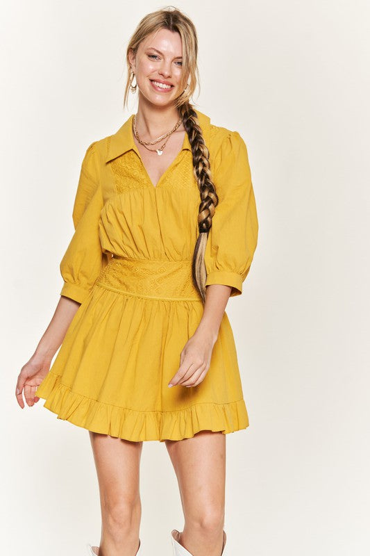 TEEK - PLUS SIZE Eyelet 3/4 Sleeve Short Dress DRESS TEEK FG MUSTARD 1X 