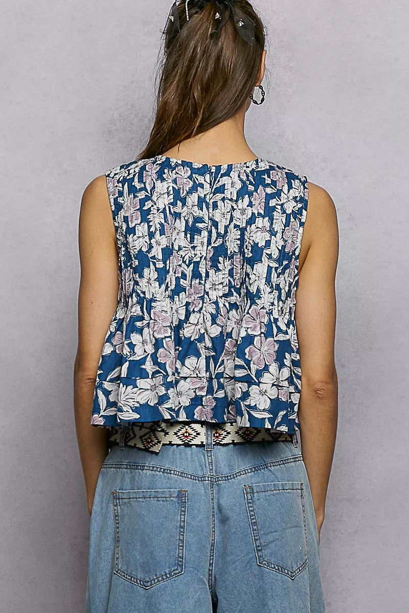 POL Floral Round Neck Cropped Pintuck Tank Trendsi