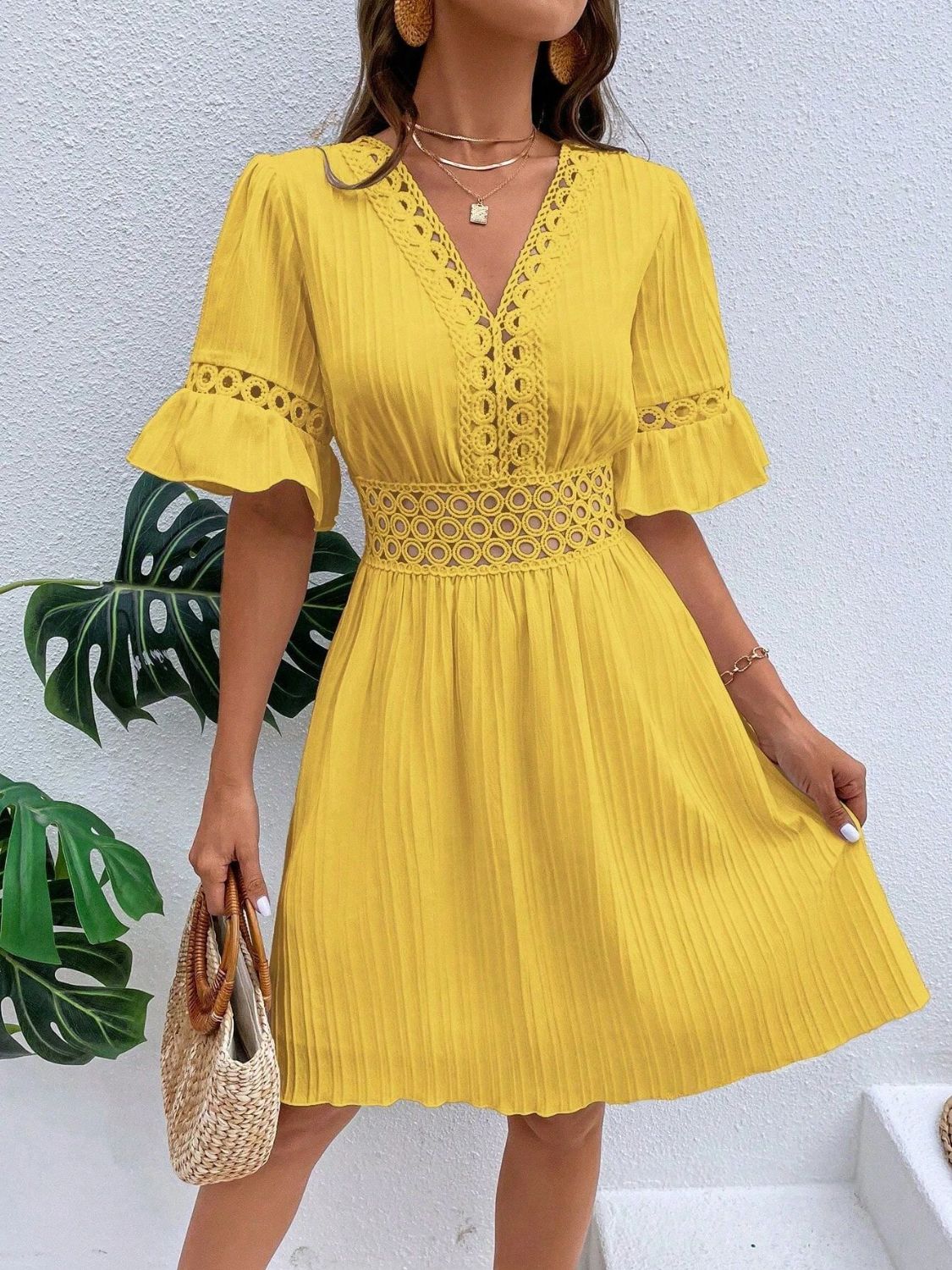 TEEK - Peek V-Neck Flounce Sleeve Mini Dress DRESS TEEK Trend Yellow S 