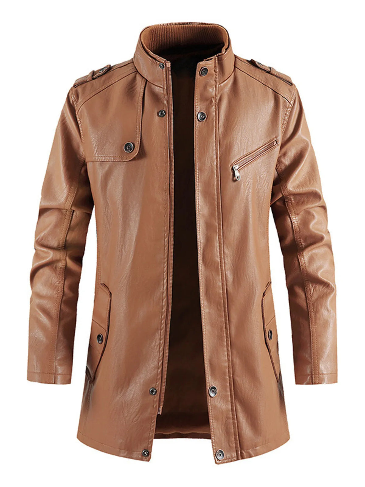 Men's Zip Up Long Sleeve Leather Jacket Trendsi Caramel S