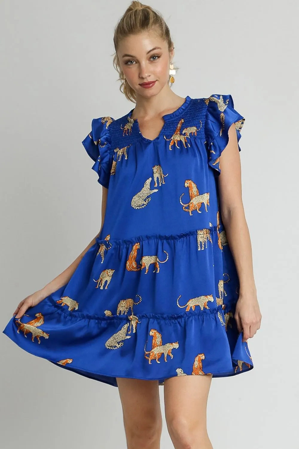 TEEK - Royal Blue Cheetah Notched Ruffle Layered Cap Sleeve Dress DRESS TEEK Trend