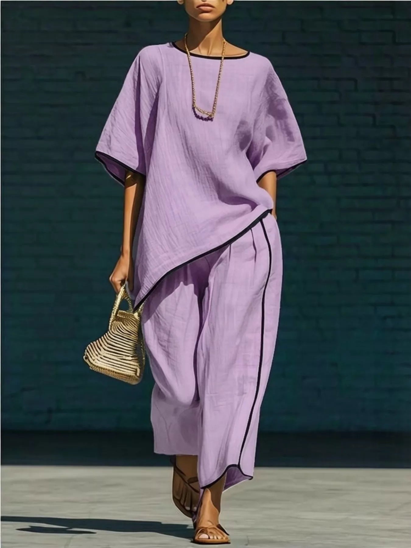 Full Size Contrast Trim Half Sleeve Top and Pants Set Plus Size Trendsi Purple S